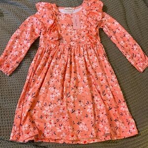 Floral Peachy Pink Kids Dress Ruffle Detail. Marie Nicole Clothing 2xl / 6yo